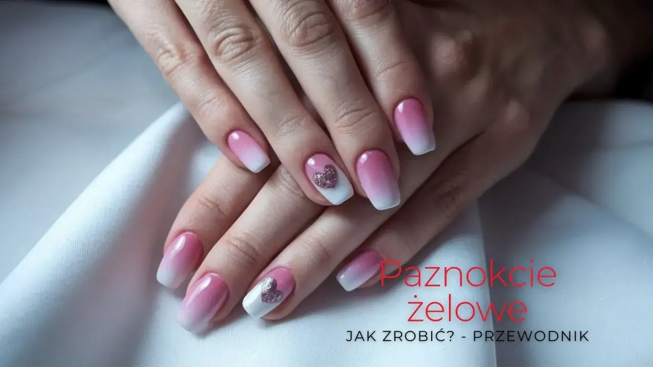Dłonie z paznokciami żelowymi na naturalnej płytce, zdobione brokatowymi serduszkami i efektem ombre.