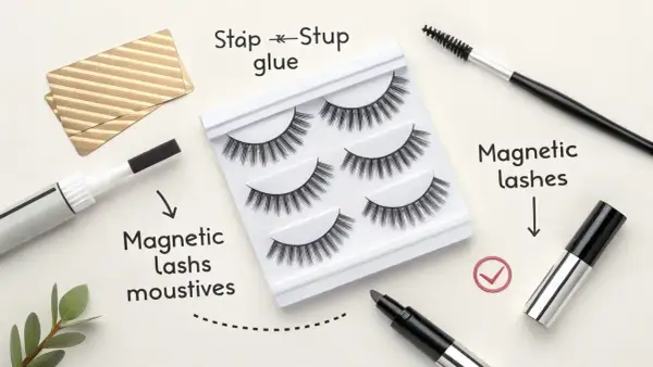 Zestaw sztucznych rzęs, pędzelek, magnetyczny eyeliner i złota karta.