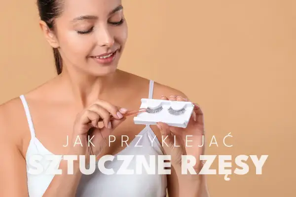 Kobieta z pęsetą trzyma sztuczne rzęsy. Dowiedz się, jak nałożyć sztuczne rzęsy krok po kroku.