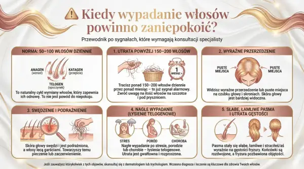 Zauważasz nadmierne wypadanie włosów? Grafika pokazuje sygnały alarmowe: utratę ponad 150-200 włosów dziennie, przerzedzenie, swędzenie skóry głowy, nagłe wypadanie po stresie, porodzie lub chorobie, a także słabe, łamliwe pasma.