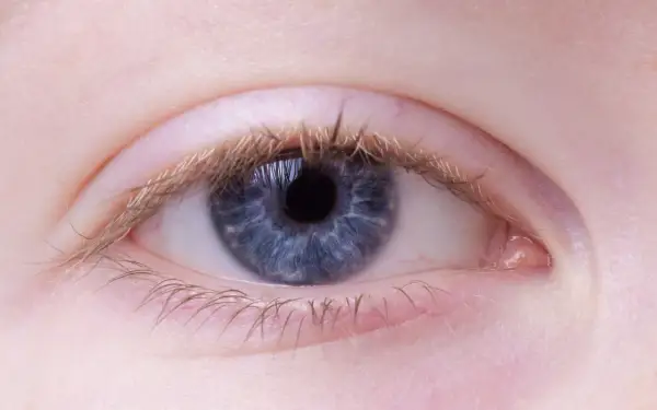 Niebieskie oko z subtelną kreską permanentną przy opadającej powiece, podkreślającą jego naturalne piękno.
