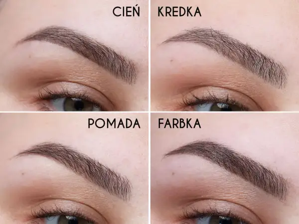 Cztery zbliżenia na brwi pomalowane różnymi produktami: cieniem, kredką, pomadą i farbką.