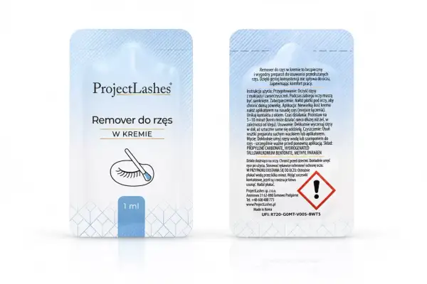 Opakowanie kremowego removera do rzęs ProjectLashes z aplikatorem.