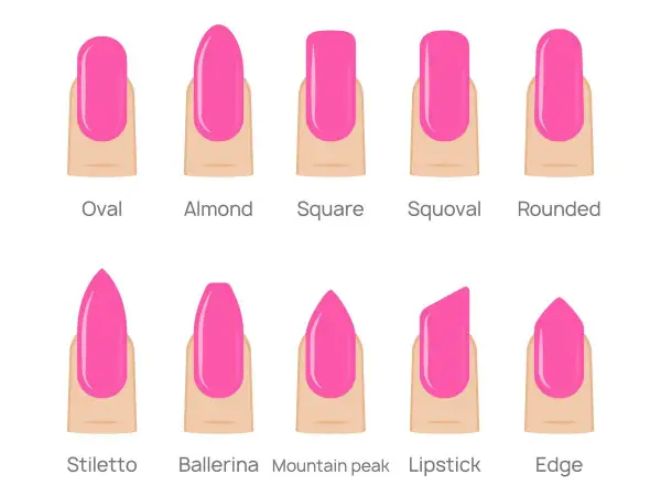Odkryj, jaki kształt paznokci wyszczupla palce: owalny, migdałowy, kwadratowy, squoval, zaokrąglony, szpiczasty, balerina, mountain peak, lipstick, edge.