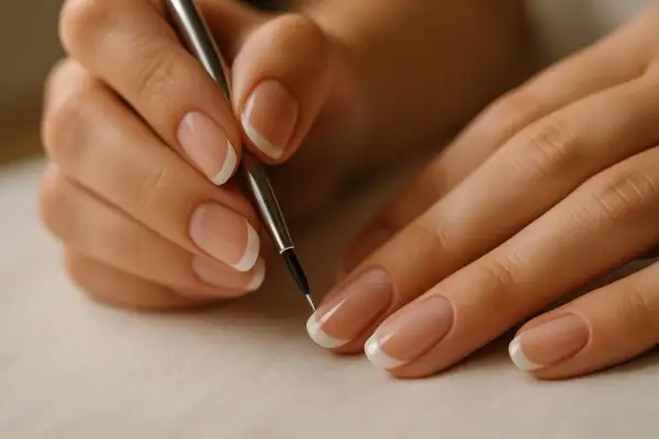 Delikatne dłonie z perfekcyjnym french manicure, tworzone bez użycia pasków. Precyzyjne malowanie białej końcówki paznokcia cienkim pędzelkiem.