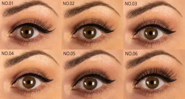 Sześć zbliżeń oka z różnymi stylizacjami kreski eyelinera i sztucznych rzęs.
