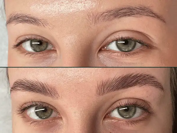 Przed i po: laminacja brwi u blondynki. Naturalnie ułożone, gęstsze brwi dodają spojrzeniu wyrazistości.
