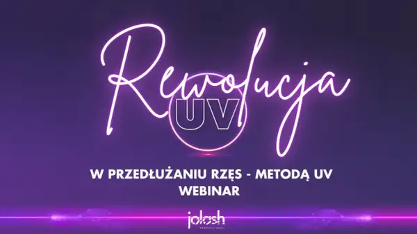 Neonowy napis "Rewolucja UV" nad tekstem "W przedłużaniu rzęs - Metodą UV Webinar".